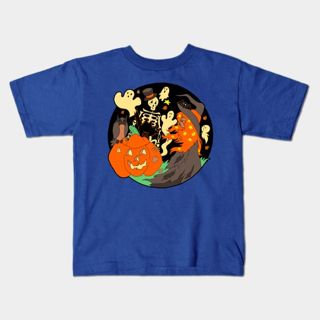 Halloween Witch Skeleton Pumpkin and Ghost Kids T-Shirt by saradaboru